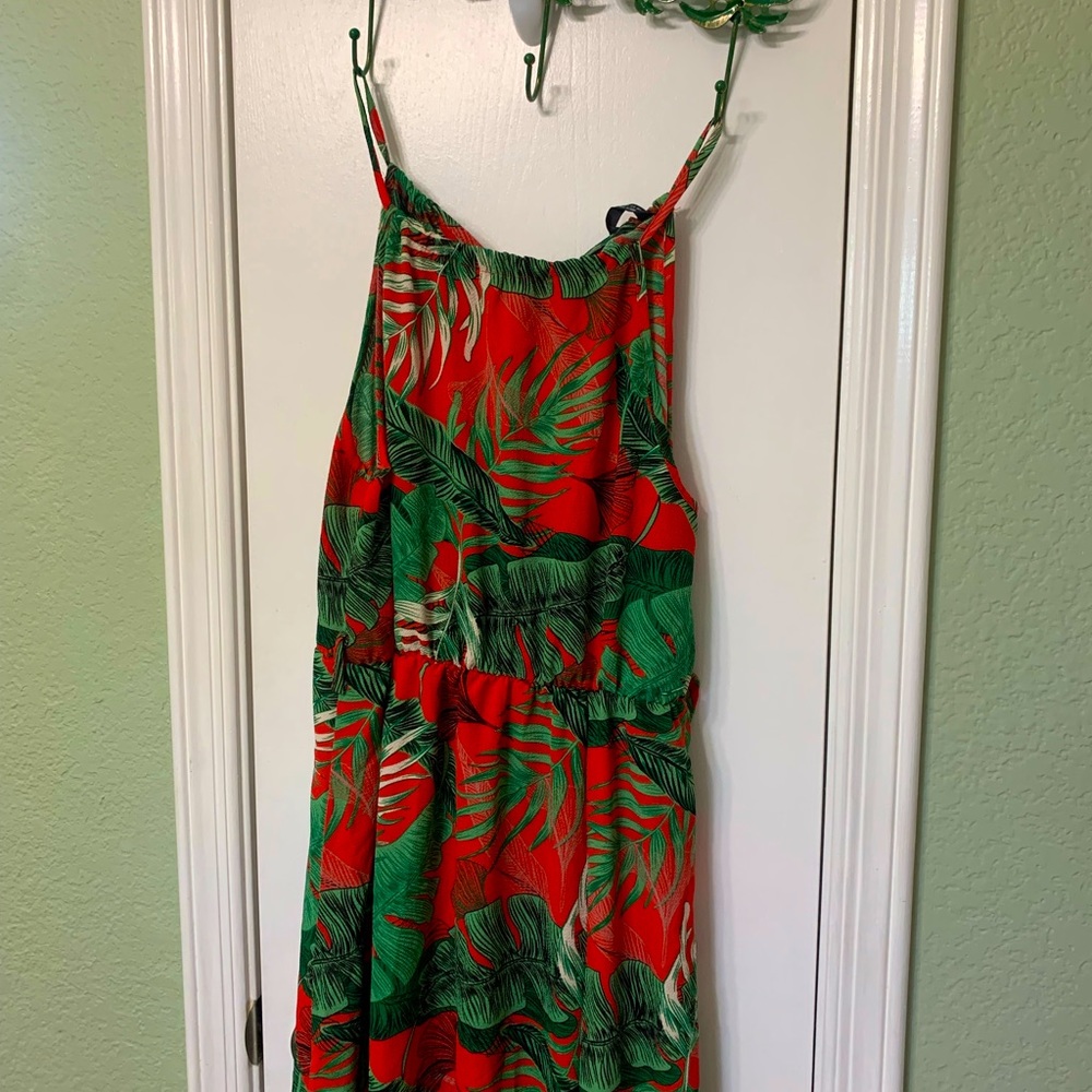 Red maxi dress/swim cover with green leaves print